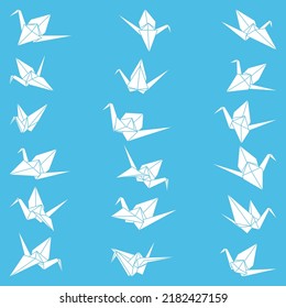 Set of origami crane vector silhouette illustration icon isolated on blue background. Japanese traditional origami crane for infographic, website or app. Geometric line shape for art of folded paper.