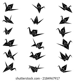 Set of origami crane vector silhouette illustration icon isolated on white background. Japanese traditional origami crane for infographic, website or app. Geometric line shape for art of folded paper.