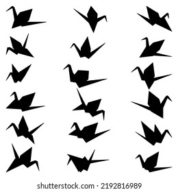 Set of origami crane vector silhouette illustration icon isolated on white background. Japanese traditional origami crane for infographic, website or app. Geometric line shape for art of folded paper.