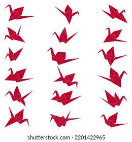 Set of origami crane vector silhouette illustration icon isolated on white background. Japanese traditional origami crane for infographic, website or app. Geometric line shape for art of folded paper.