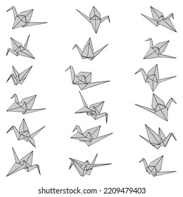Set of origami crane vector silhouette illustration icon isolated on white background. Japanese traditional origami crane for infographic, website or app. Geometric line shape for art of folded paper.