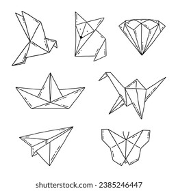 Set of origami figures - crane, airplane, boat. Paper folded shapes. Vector hand drawn illustration.