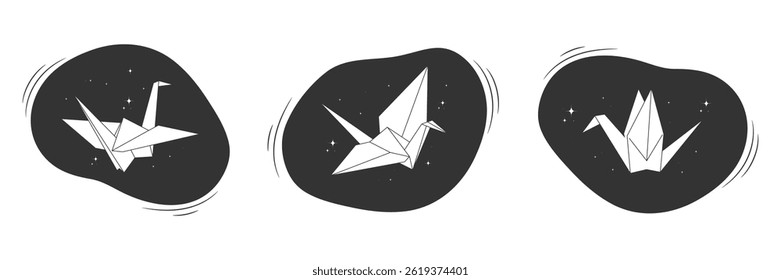 Set of origami flying bird symbols. White paper cranes flying in night sky. Vector illustration