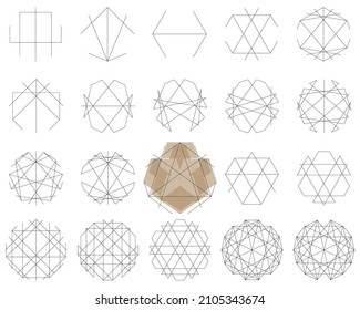 Set of origami geometric outline vector templates in spaceship, robot, insect bug, tile pattern shape. Created using AI CS6.