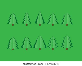 Set of origami green pine tree isolated on green background paper cut style. Design for icons, poster, brochure, flyer, wallpaper, backdrop, Christmas new year festival decoration. 