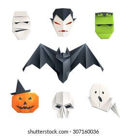 Set of origami Halloween characters: mummy, vampire, zombie, bat, pumpkin, skull and ghost. Isolated on white vector illustration, eps10.