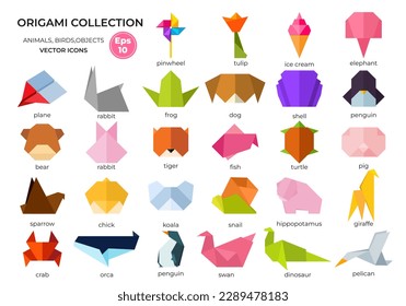 Set of origami objects. Vector gradient icons.