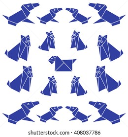 Set of origami paper dog on a white background