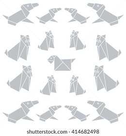 Set of origami paper dog on a white background