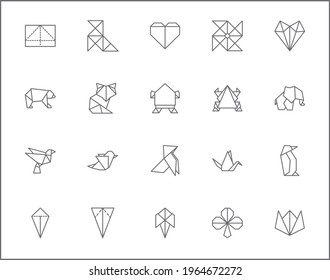 Set of origami and paper line style. It contains such Icons as bird, airplane, animal, fish, boat, folded, geometric and other elements. customize color, easy resize.