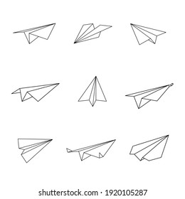 Set Of Origami Plane In Outline Shape, Vector Illustration.