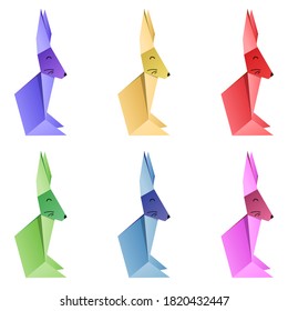 Set of origami style rabbit figures with drawn muzzle. Vector illustration. Isolated on white background 