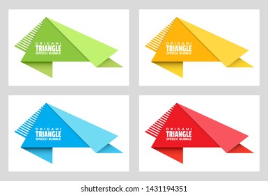 Set of origami triangular speech bubble isolated on white for design of advertisement label, sticker, discount price tag. Dialogue banner for your message from paper origami. Vector