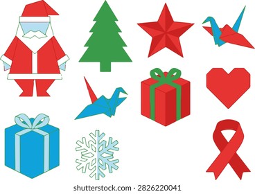Set of origami-inspired Christmas elements like Santa, tree, star, gift, heart, crane, and ribbon. Ideal for creative projects and festive invitations.