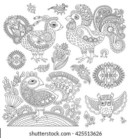 set of original black and white line art rooster drawing, page of coloring book bird joy to older children and adult colorists, who like line art and creation, vector illustration