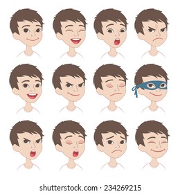 Set Of Original Cartoon Character Different Facial Expressions. Caucasian Boy Face Emotions Vector Icons Isolated On Background