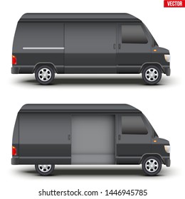 Set of Original classic van Black minibus with door open. Cargo and service van transportation. Editable Vector illustration Isolated on white background.