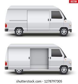 Set of Original classic van white minibus with door open. Cargo and service van transportation. Editable Vector illustration Isolated on white background.