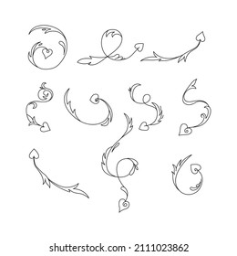 A set of original contour arrows, curly elements with hearts. A beautiful addition to the design of holiday, romantic or wedding cards. Ideal for presenting your holiday or advertising design.