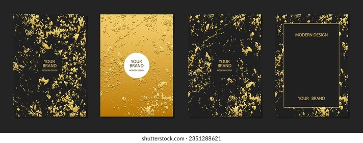 Set of original cover design. Black backgrounds, marble grunge texture, crack. Geometric 3d embossed, golden pattern. Collection of abstract vector vertical templates for modern creativity.