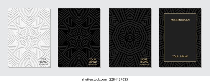 Set of original covers, tribal vertical templates, art deco. Collection of relief geometric backgrounds with 3D pattern, lines, press paper. Ethnos of the East, Asia, India, Mexico, Aztecs, Peru.
