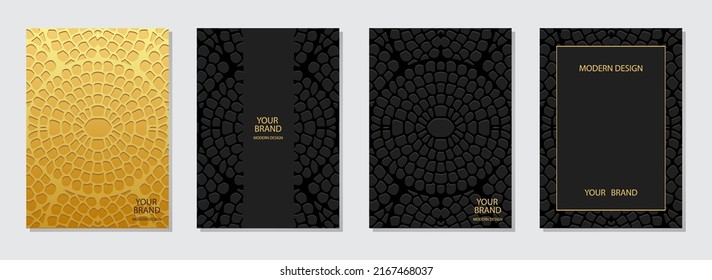 A set of original covers, vertical templates. A collection of minimalistic black backgrounds with 3d embossed doodling style. Ethnic, tribal ornaments of the East, Asia, India, Mexico, Aztecs, Peru.