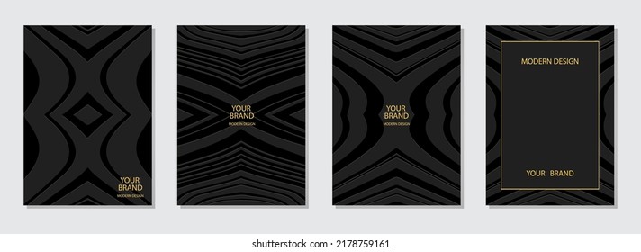 Set of original covers, vertical vector templates. Collection of black backgrounds with 3d geometric pattern of stripes and lines. Tribal ethnicity, hand drawn style.