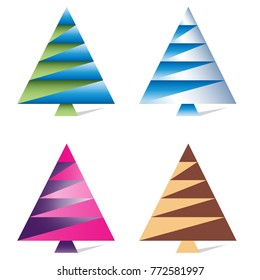 A set of original, creative, colored Christmas trees drawn from straight lines. Paper imitation. Vector design.