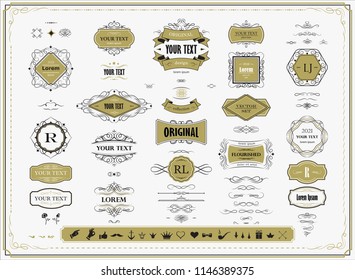 Set of original design elements, frames, borders, labels, monograms. Collection of  vector calligraphy swirls, swashes, ornate motifs, scrolls, page decoration.