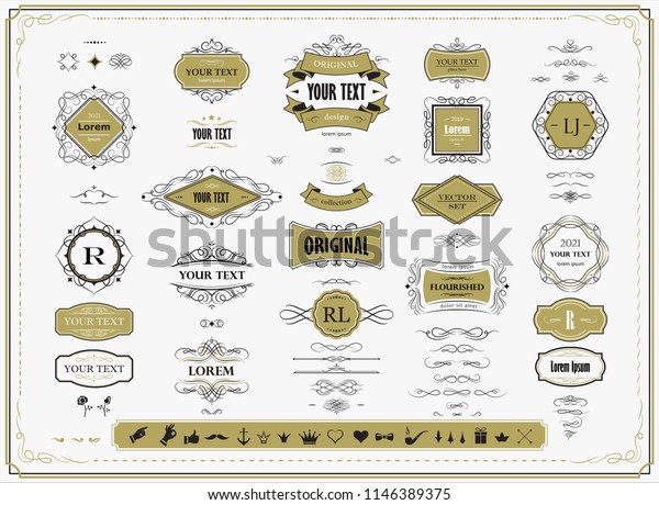 Set of original design\
elements, frames, borders, labels, monograms. Collection of  vector\
calligraphy swirls, swashes, ornate motifs, scrolls, page\
decoration.