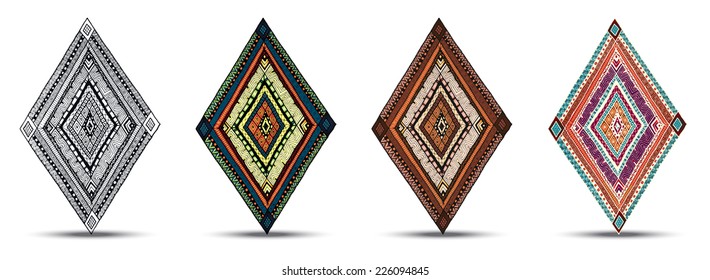 Set of original drawing tribal doddle rhombus isolated on the white background. Set of abstract ethnic design elements. Card design template. Can be used for invitation, menu, banners, signs.