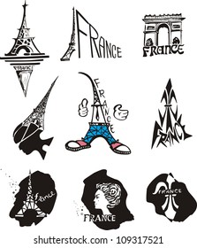 Set of original emblems for travel to Paris and France. Black and white vector illustration.
