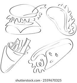 set of original fast food icons, namely a burger, taco, fries and shawarma icon in line art style