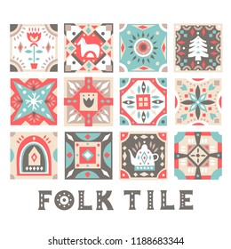 Set of original flat square tiles with folk rustic patterns. For Christmas design.