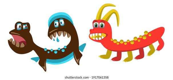 set of original funny cartoon monsters, toothy, emotional, color, vector illustration