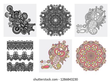 set of original hand draw line art ornate flower design. Kalamkari traditional style, vector illustration collection