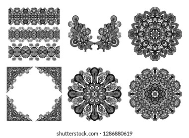 set of original hand draw line art ornate flower design. Kalamkari traditional style, vector illustration collection