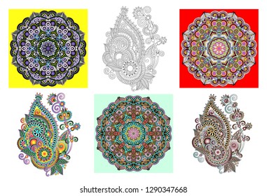 set of original hand draw line art ornate flower design and cirkle pattern. Indian Kalamkari traditional style. Vector illustration collection