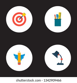 Set of original icons flat style symbols with drawing tools, target, table lamp and other icons for your web mobile app logo design.