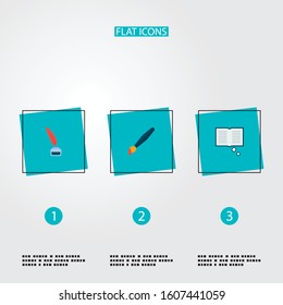 Set of original icons flat style symbols with inkwell with pen, knowledge, paintbrush and other icons for your web mobile app logo design.