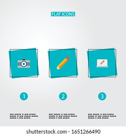 Conjunto de iconos originales de estilo plano con monitor, lápiz, cámara dslr y otros iconos para el diseño del logotipo de la aplicación móvil web.