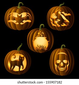 Set of original Jack O Lanterns, with halloween symbols cut on pumpkin, detailed illustration, EPS 10, contains transparency.