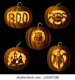 Set of original Jack O Lanterns, with halloween symbols cut on pumpkin, detailed illustration, EPS 10, contains transparency.