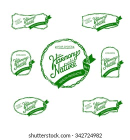 Set original labels and badges on the theme of nature and health products. In Harmony With Nature. Seven vector stickers EPS 8