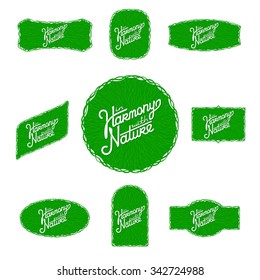 Set original labels and badges on the theme of Harmony With Nature and health. Nine vector stickers EPS 8