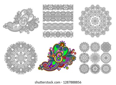 set of original line art ornate flower design and circle ornamental geometric doily pattern. Kalamkari traditional style, vector illustration collection