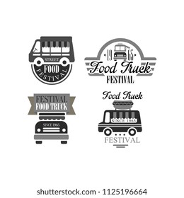 Set of original logo templates for food truck festival. Monochrome vector emblems with vans and lettering