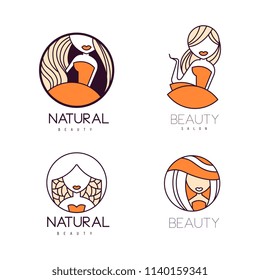 Set of original logos for beauty salon. Linear labels with orange fill. Stylish vector emblems with women silhouettes