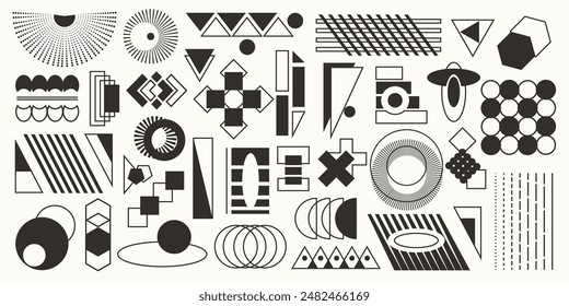 Set of original modern black and white graphic geometric elements, contemporary abstract shapes, retro collection of trendy minimalist prints