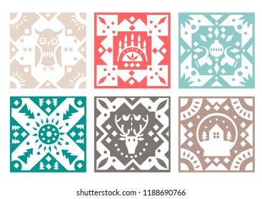 Set of original monochrome square tiles with folk rustic patterns. For Christmas design.